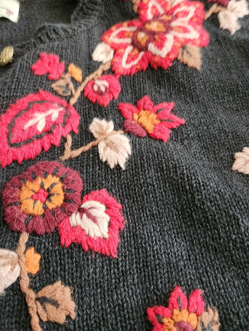 Vintage Orvis Black Knitted Cardigan Sweater Floral Embroidery Size Medium - Picture 2 of 4